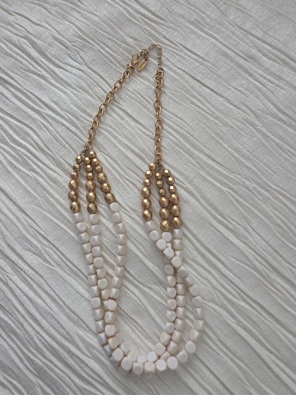 Plunder Gold Tone White Beaded Triple Strand Statement Necklace Adjustable